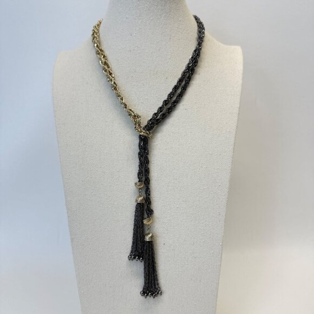 Two Tone Twisted Tassel Necklace Black Gold-Tone‎ Long Length Adjustable